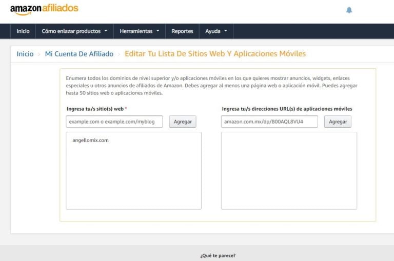 Como Agregar sitios web en Amazon Afiliados Angellomix